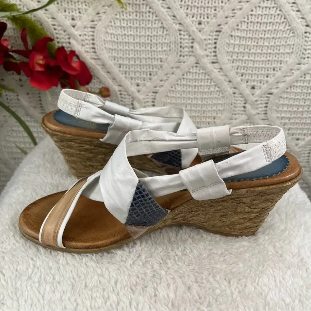 AZURA White Tan Patchwork Strap Wedge Criss-Cross Strap Leather Sandals‎ Sz 8/39